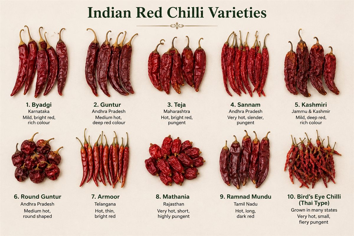 Ten Indian red chilli varieties laid out and labelled for comparison