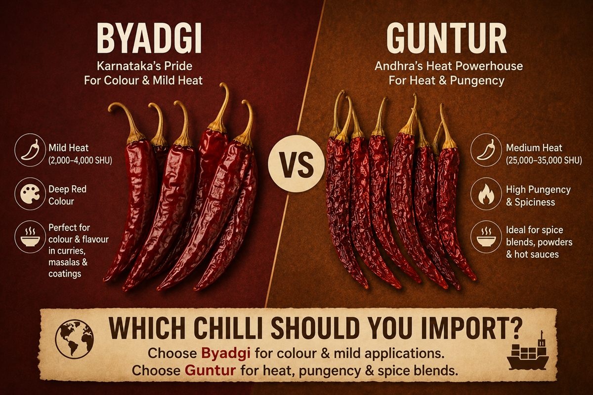 Guntur Sannam and Byadgi Kaddi dry red chillies side by side