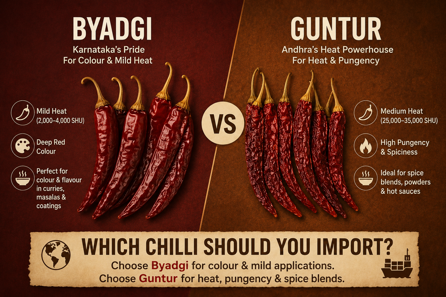 Guntur Sannam and Byadgi Kaddi chillies side by side