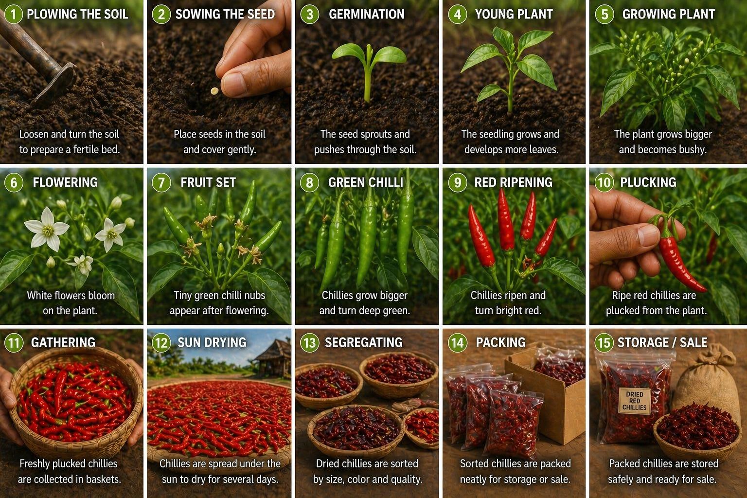 The fifteen stages of the Indian dry red chilli lifecycle, from plowing the soil to storage and sale