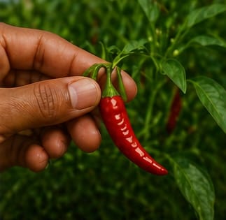 Hand plucking a ripe red chilli from the plant