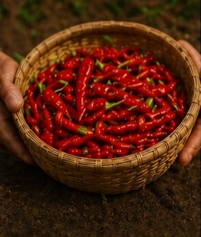 Basket full of freshly harvested red chillies