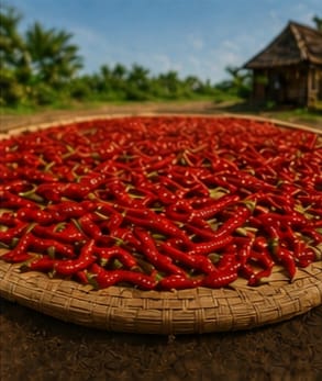 Red chillies spread out drying in the sun