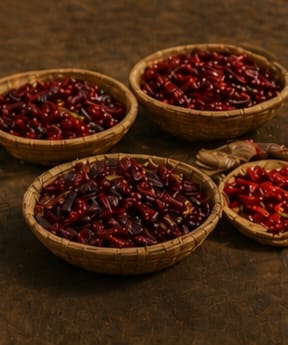 Hand-sorted dried chillies in baskets by quality