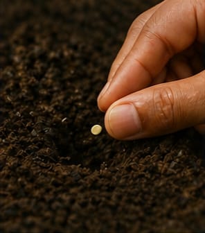 Hand placing chilli seed into the prepared soil