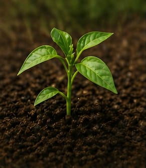 Young chilli seedling with first true leaves