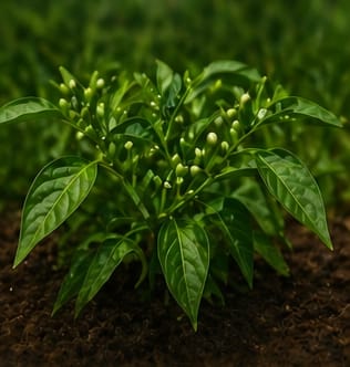 Bushy green chilli plant in mid-growth stage