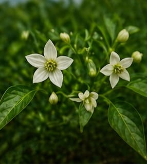 Small white chilli flowers blooming on the plant