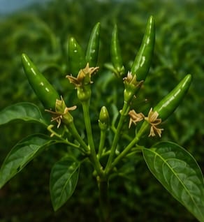 Tiny green chilli nubs forming after the flowers