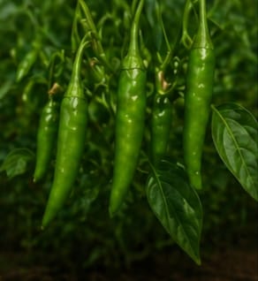 Long deep-green chillies hanging from the plant