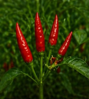 Bright red ripe chillies on the plant ready for harvest